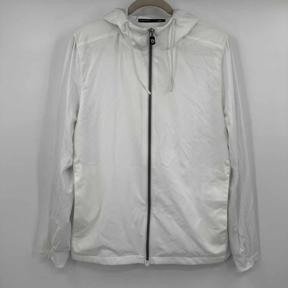 B Draddy Mens White Full Zip Hooded Windbreaker Golf Jacket Size Medium Techwear